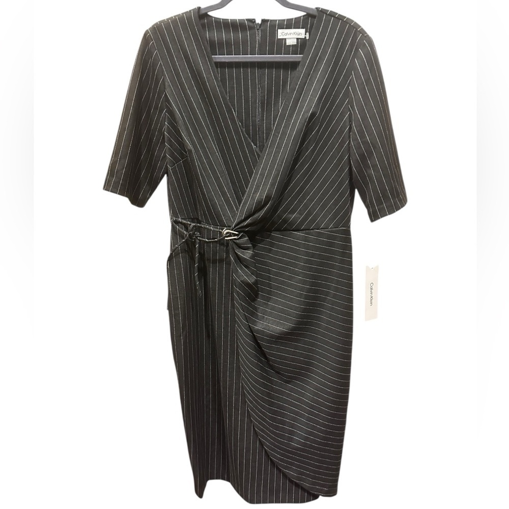 Calvin Klein Women's Pinstriped Looped Side-Tie Dress size 14